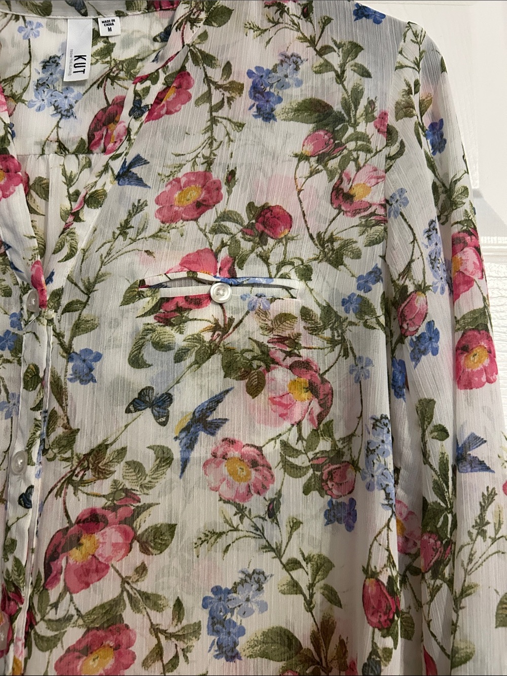 Kut from the Kloth Floral Sheer Button-Front Blouse - Pink/Blue - Medium - Picture 4 of 11